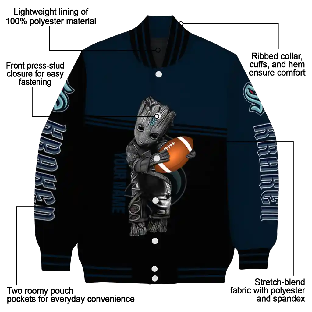 customized seattle kraken groot football blue black varsity jacket new arrival customized seattle kraken groot football blue black varsity jacket new arrival