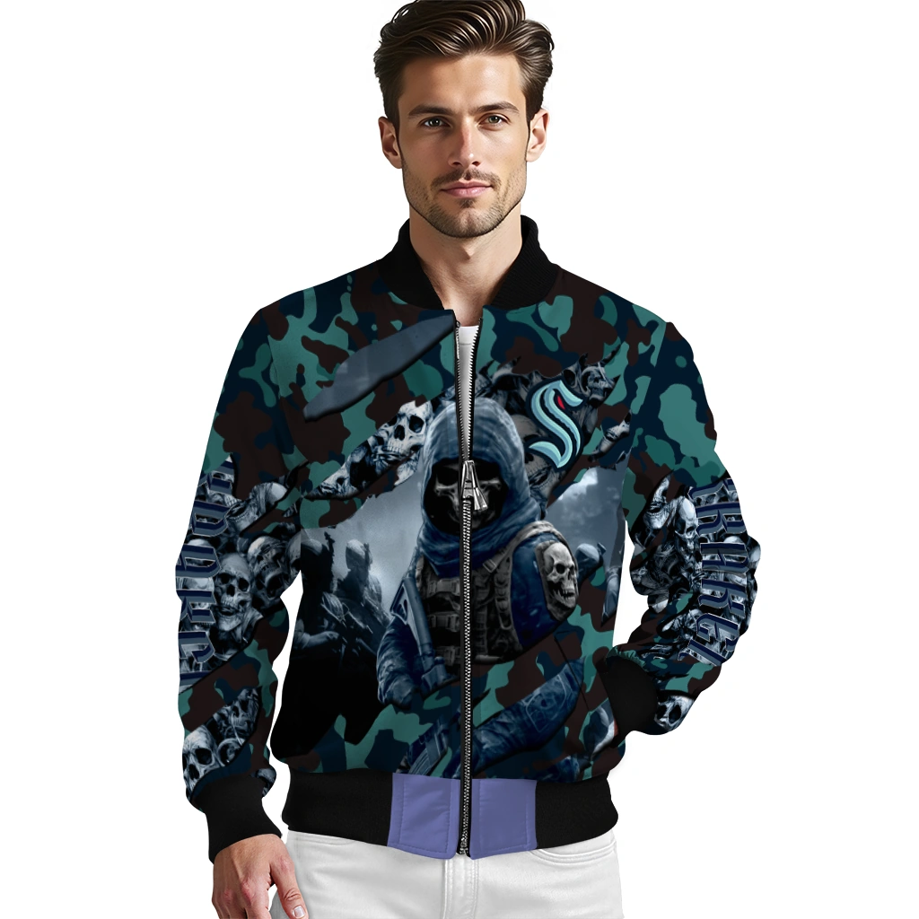 customized seattle kraken skull horde blue bomber jacket high quality customized seattle kraken skull horde blue bomber jacket high quality
