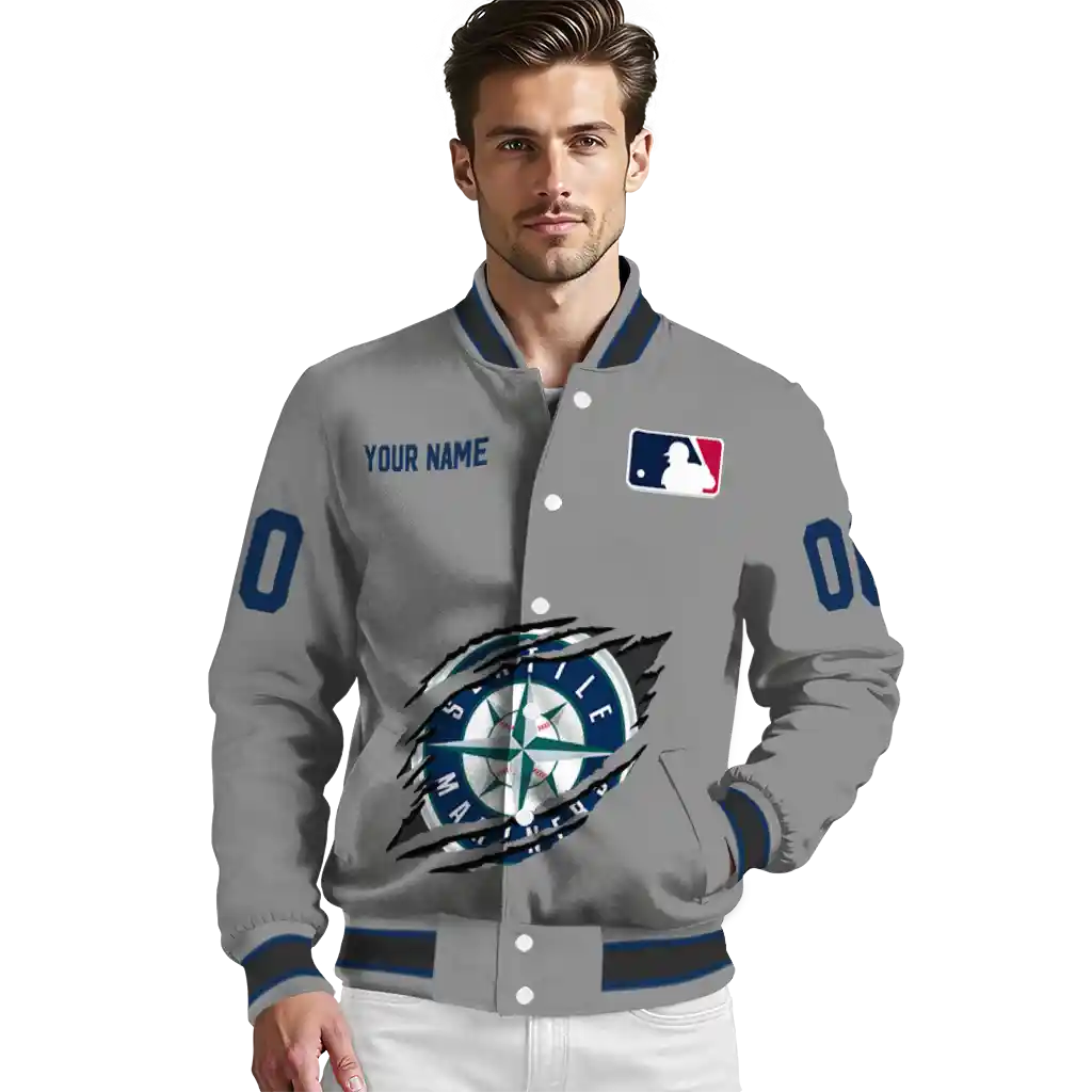 customized seattle mariners claw rend grey varsity jacket high quality customized seattle mariners claw rend grey varsity jacket high quality