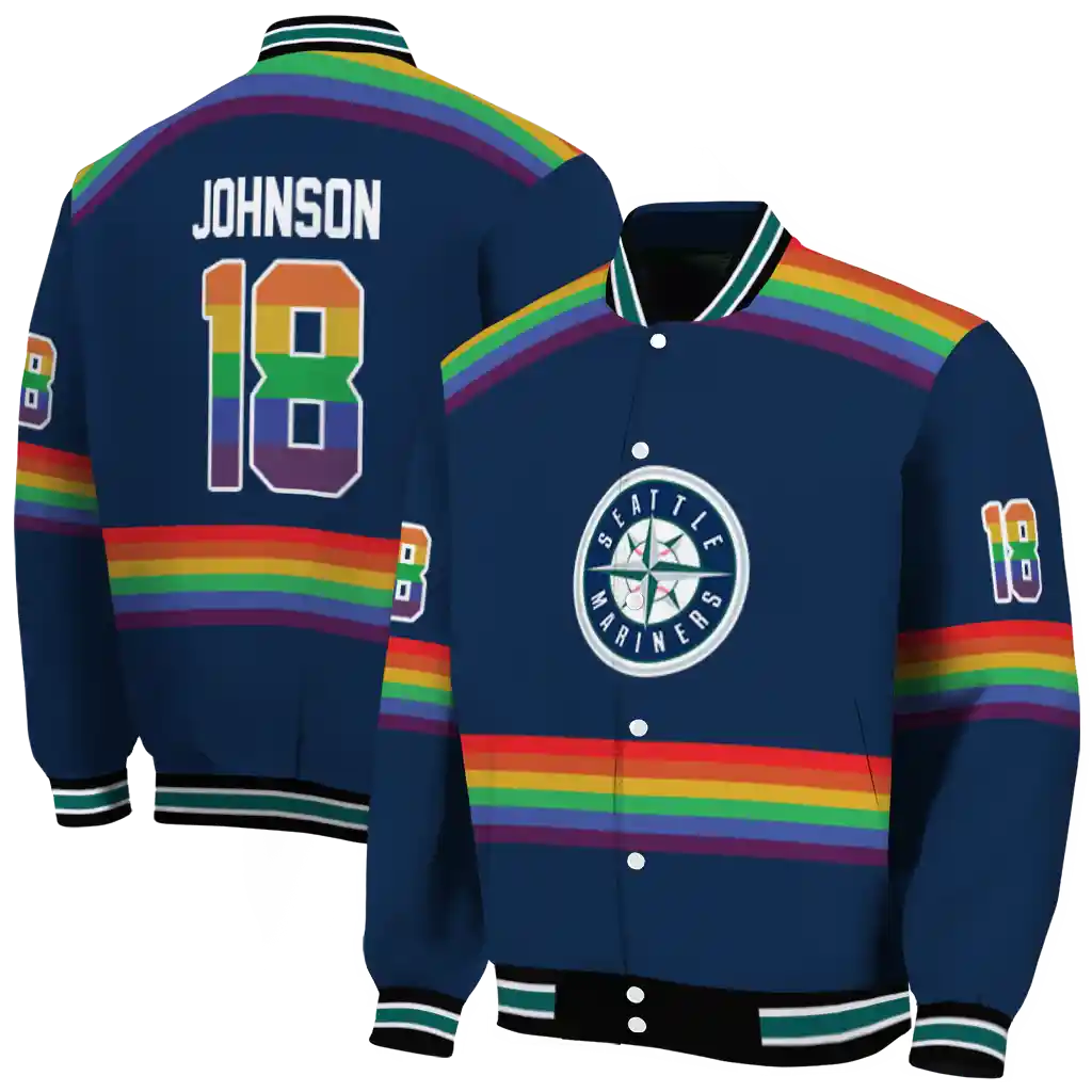 customized seattle mariners rainbow jersey number navy blue varsity jacket fashion forward customized seattle mariners rainbow jersey number navy blue varsity jacket fashion forward