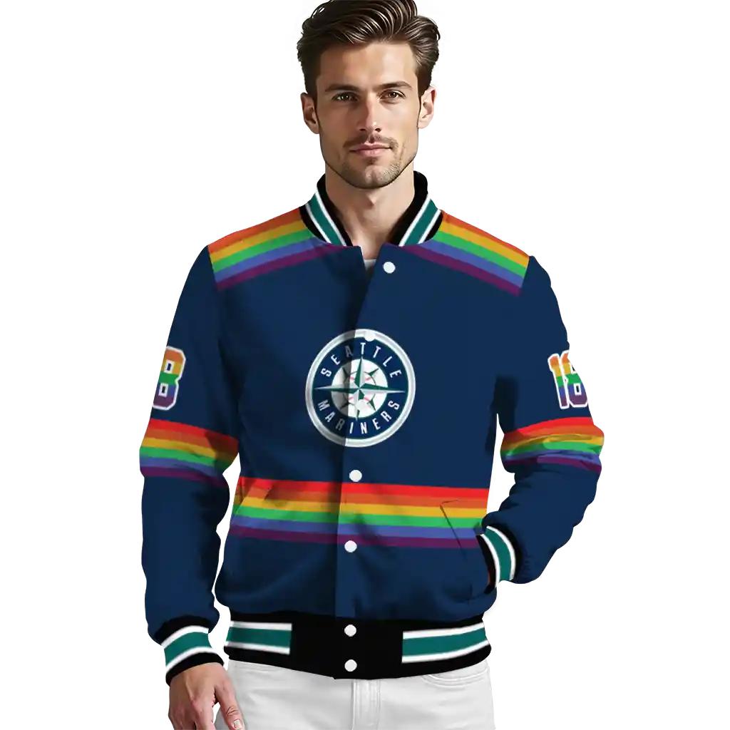 customized seattle mariners rainbow jersey number navy blue varsity jacket high quality customized seattle mariners rainbow jersey number navy blue varsity jacket high quality