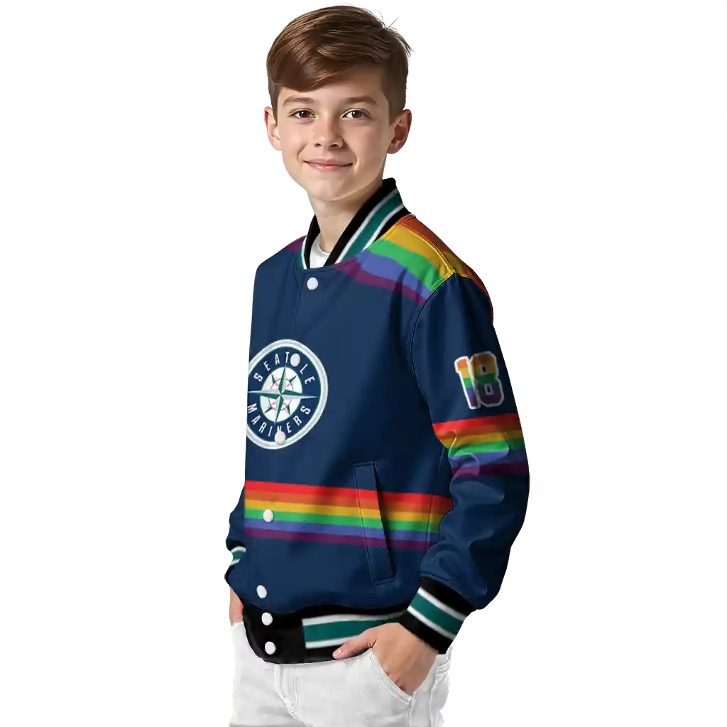customized seattle mariners rainbow jersey number navy blue varsity jacket trendy customized seattle mariners rainbow jersey number navy blue varsity jacket trendy