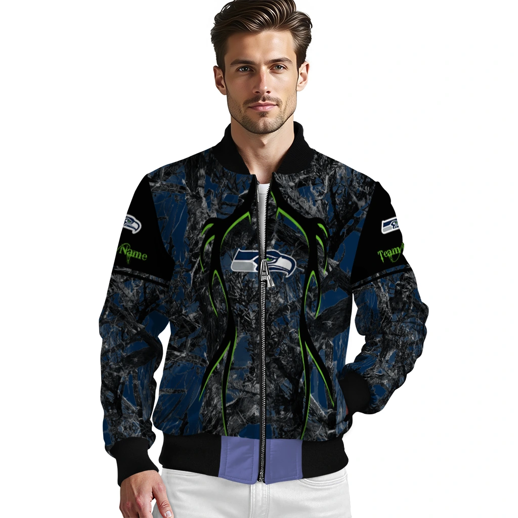 customized seattle seahawks antlers motif blue black bomber jacket high quality customized seattle seahawks antlers motif blue black bomber jacket high quality
