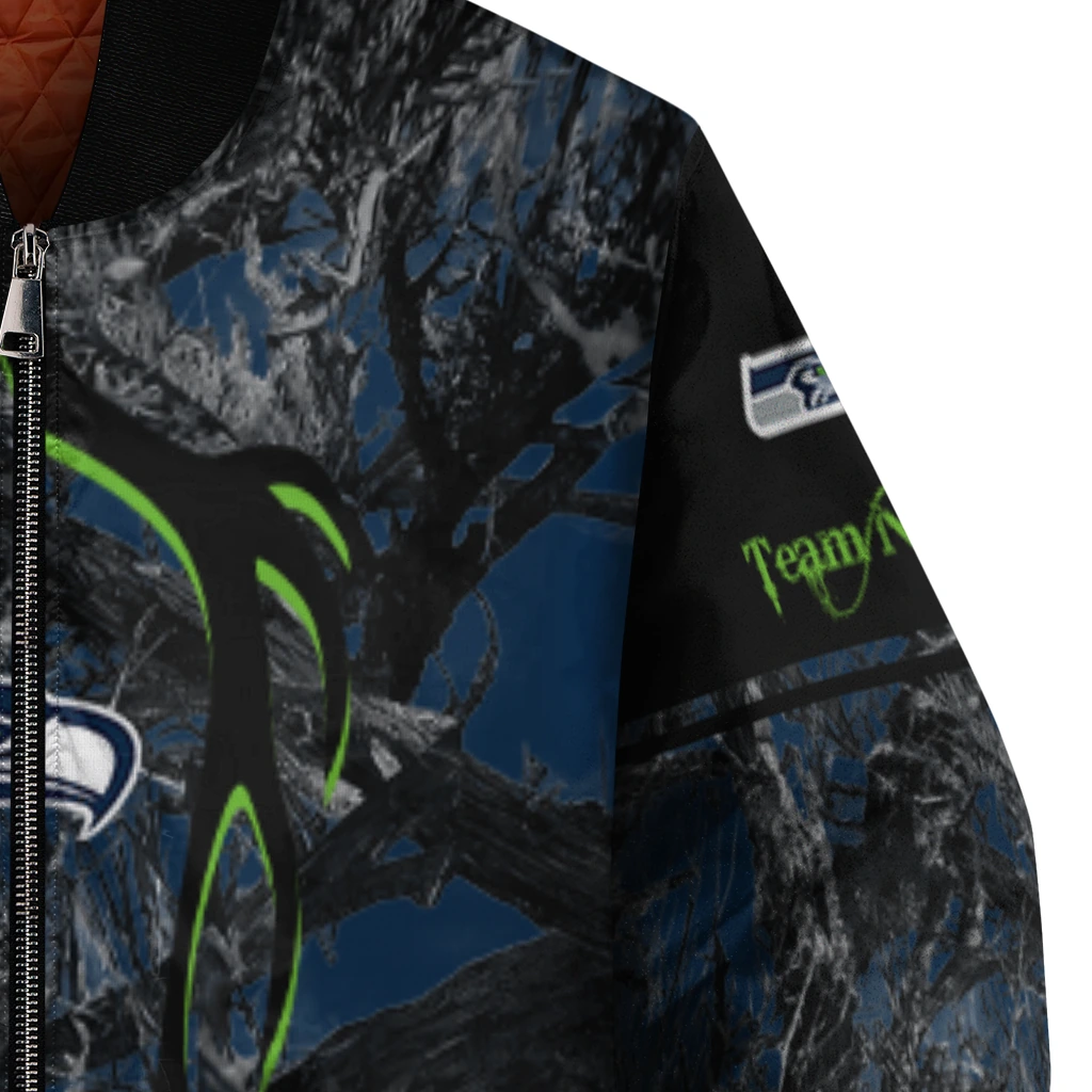 customized seattle seahawks antlers motif blue black bomber jacket premium grade customized seattle seahawks antlers motif blue black bomber jacket premium grade
