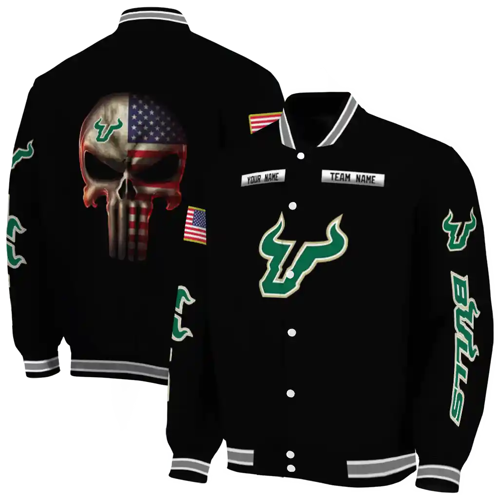 customized south florida bulls american flag skull black varsity jacket fashion forward customized south florida bulls american flag skull black varsity jacket fashion forward