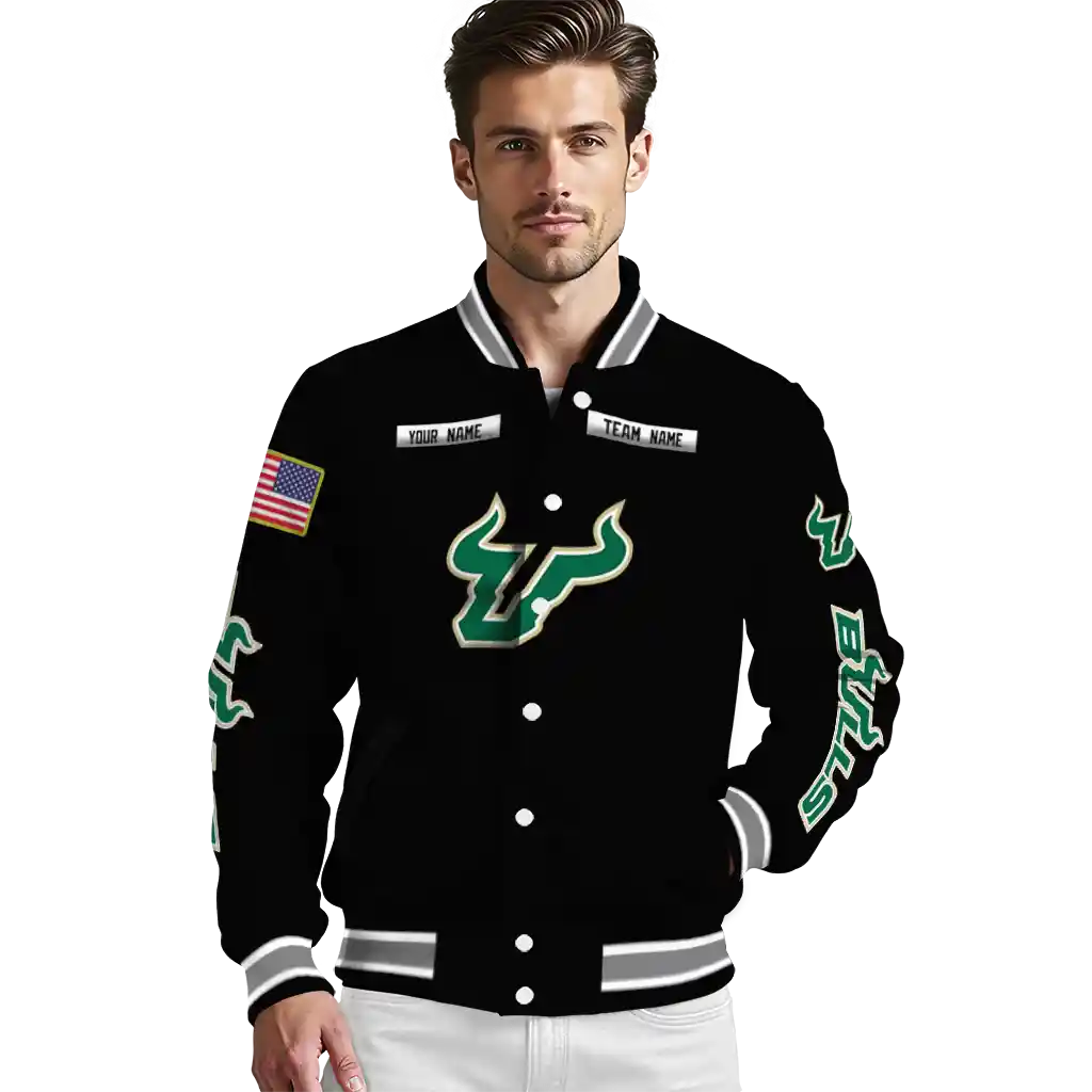 customized south florida bulls american flag skull black varsity jacket high quality customized south florida bulls american flag skull black varsity jacket high quality