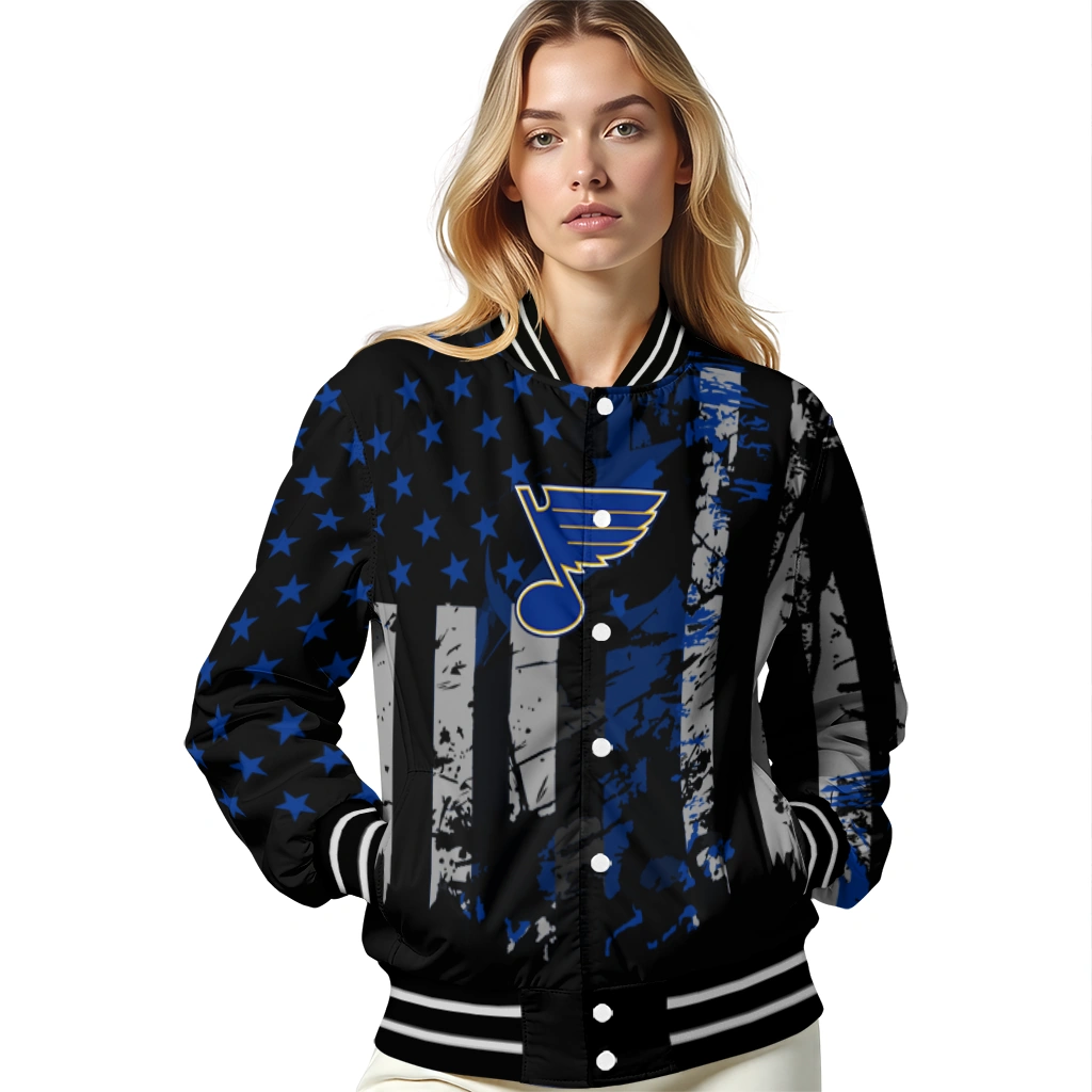 customized st louis blues star stripes blue black varsity jacket latest model customized st louis blues star stripes blue black varsity jacket latest model