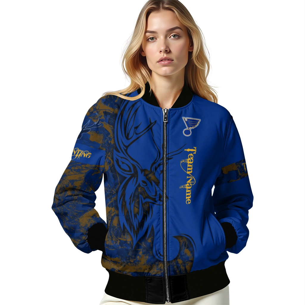 customized st louis blues tribal deer art blue bomber jacket latest model customized st louis blues tribal deer art blue bomber jacket latest model