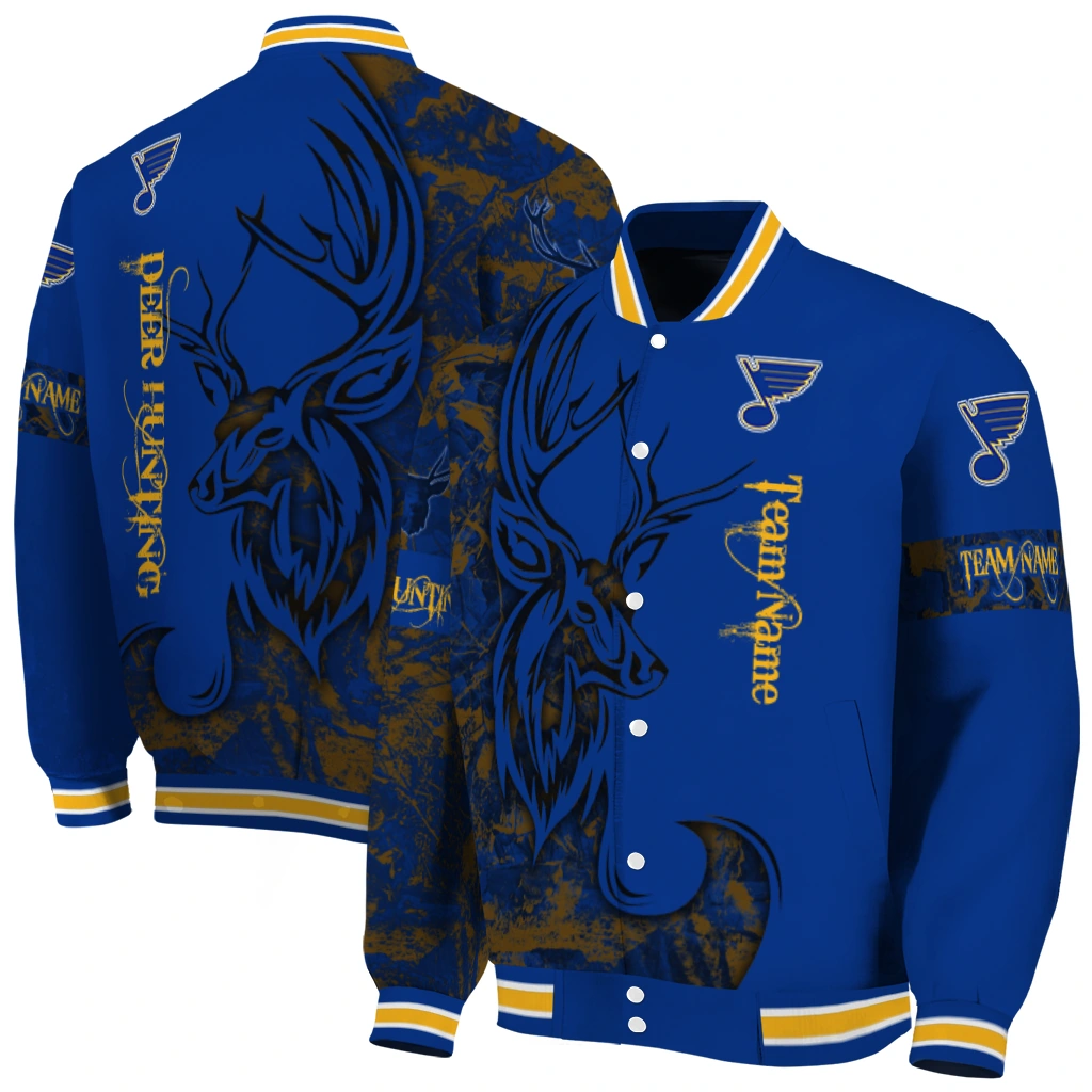 customized st louis blues tribal deer art blue varsity jacket fashion forward customized st louis blues tribal deer art blue varsity jacket fashion forward