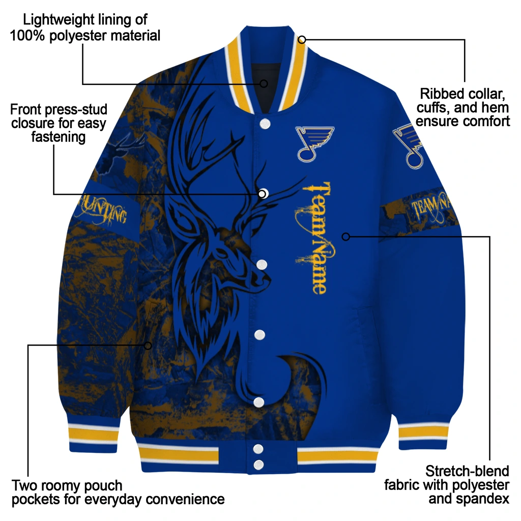 customized st louis blues tribal deer art blue varsity jacket new arrival customized st louis blues tribal deer art blue varsity jacket new arrival