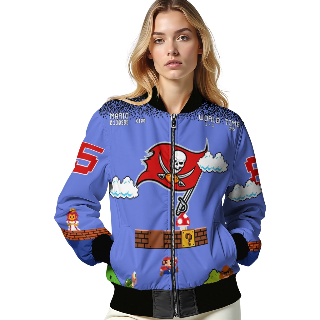 customized tampa bay buccaneers mario blocks blue black bomber jacket latest model customized tampa bay buccaneers mario blocks blue black bomber jacket latest model