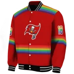 customized tampa bay buccaneers rainbow jersey number red varsity jacket best selling
