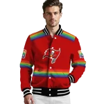 customized tampa bay buccaneers rainbow jersey number red varsity jacket best selling