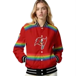 customized tampa bay buccaneers rainbow jersey number red varsity jacket best selling