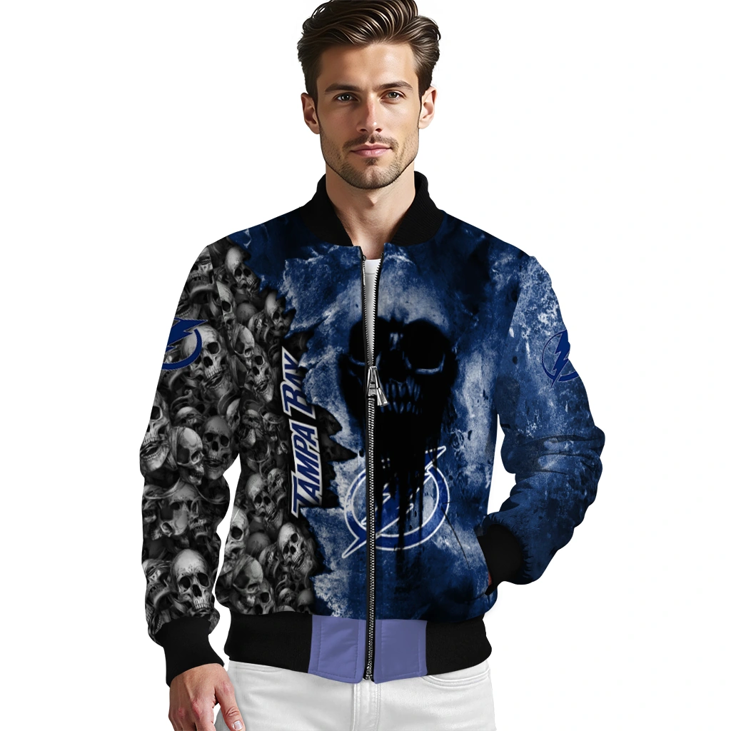 customized tampa bay lightning skull cluster blue bomber jacket high quality customized tampa bay lightning skull cluster blue bomber jacket high quality