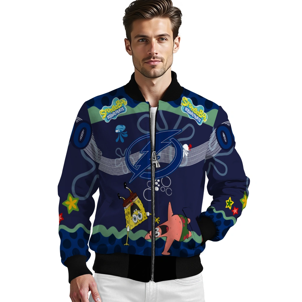 customized tampa bay lightning spongebob playtime blue bomber jacket high quality customized tampa bay lightning spongebob playtime blue bomber jacket high quality