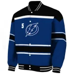 customized tampa bay lightning stripe statement blue black varsity jacket best selling