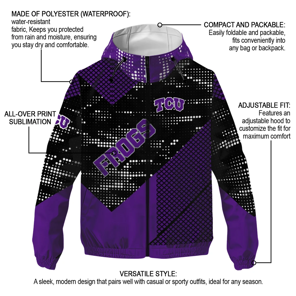 customized tcu horned frogs arrow matrix purple black windbreaker jacket new arrival customized tcu horned frogs arrow matrix purple black windbreaker jacket new arrival