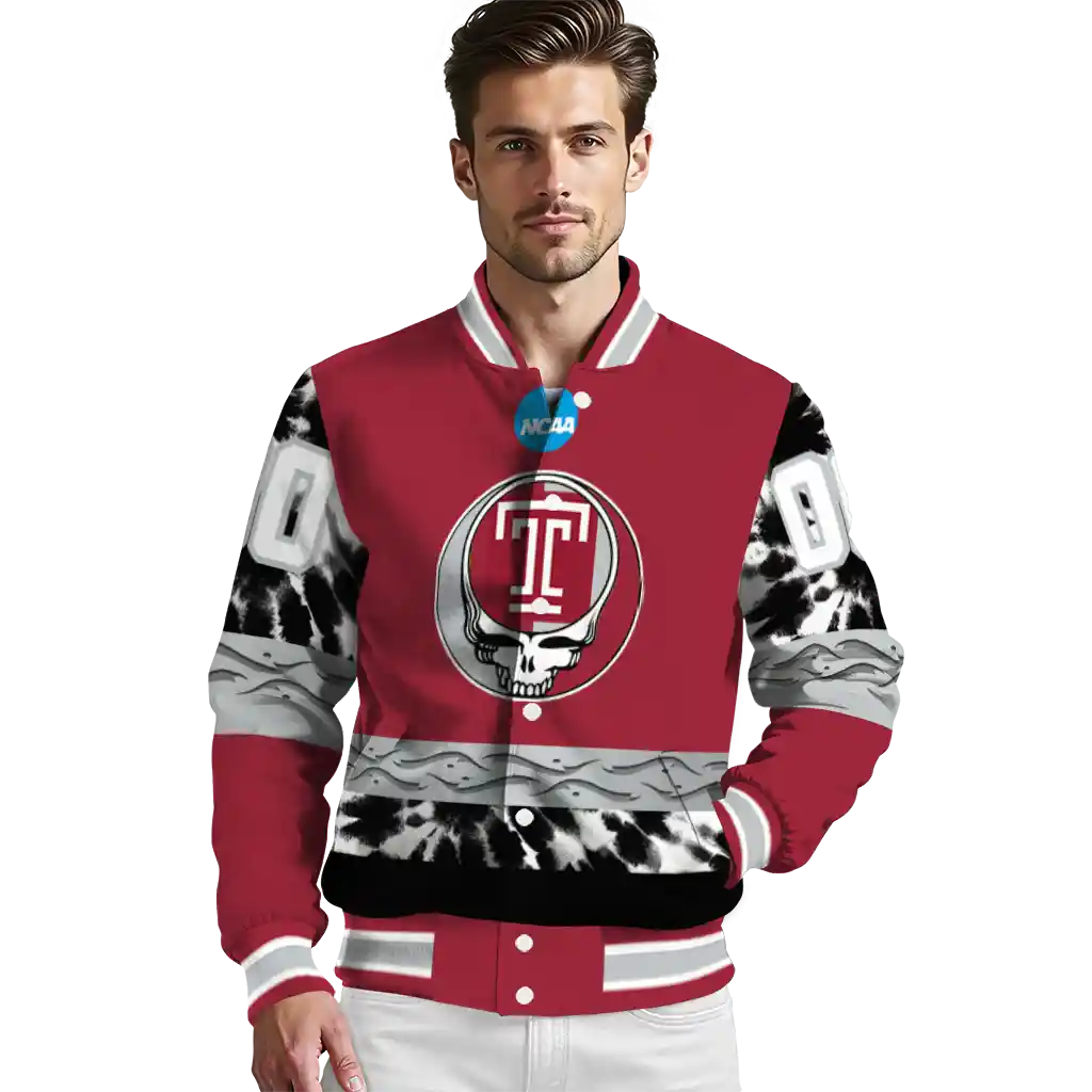 customized temple owls circle skull red black varsity jacket high quality customized temple owls circle skull red black varsity jacket high quality