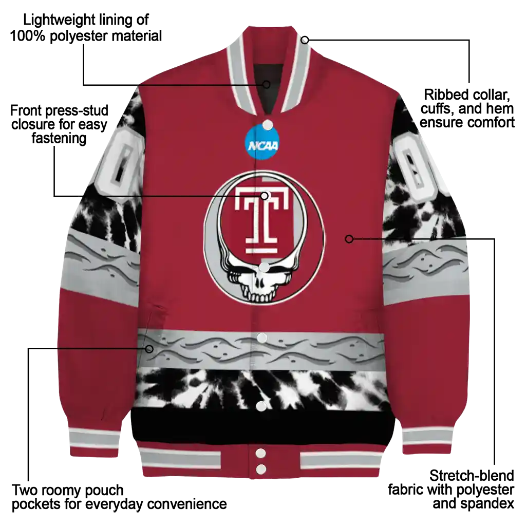 customized temple owls circle skull red black varsity jacket new arrival customized temple owls circle skull red black varsity jacket new arrival
