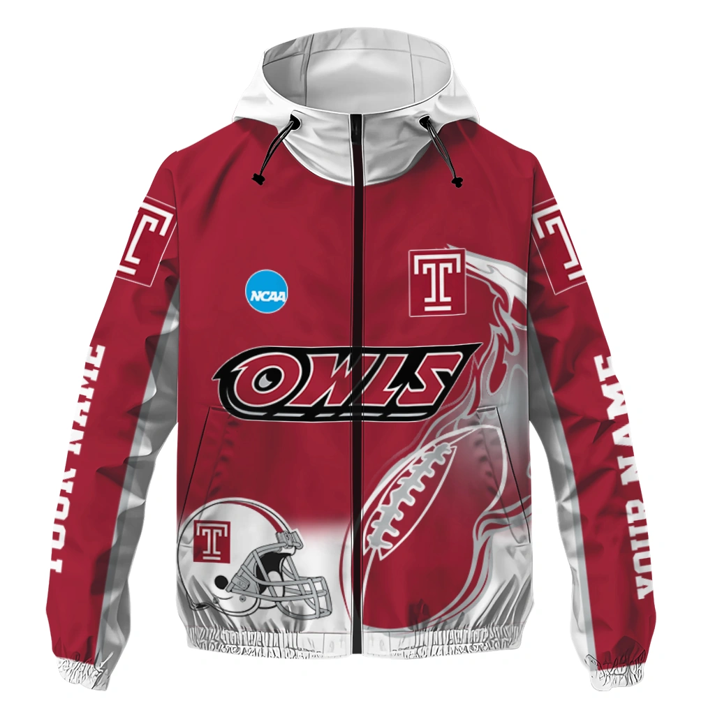 customized temple owls football flame red white windbreaker jacket best selling customized temple owls football flame red white windbreaker jacket best selling