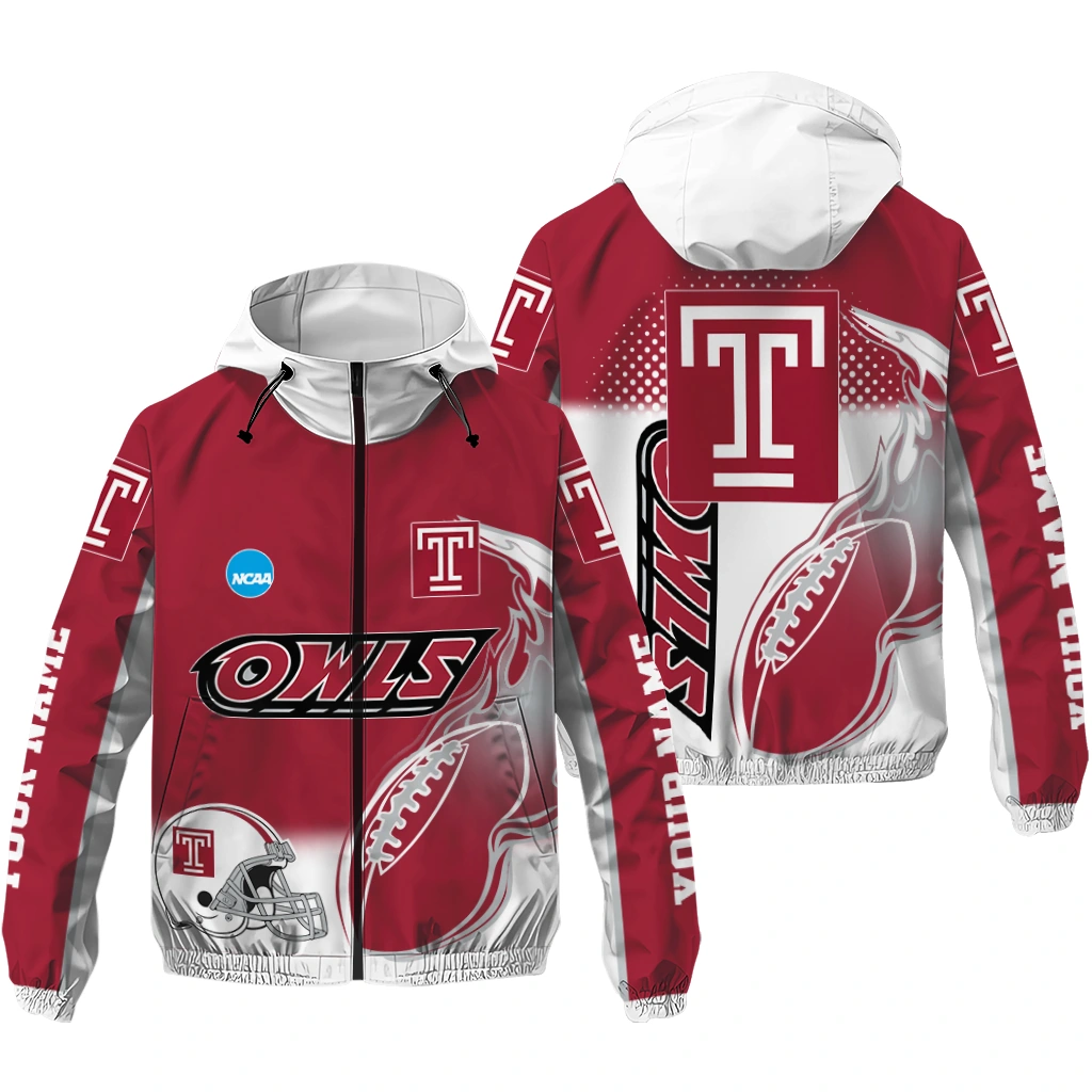 customized temple owls football flame red white windbreaker jacket high quality customized temple owls football flame red white windbreaker jacket high quality