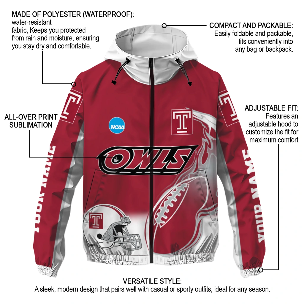 customized temple owls football flame red white windbreaker jacket new arrival customized temple owls football flame red white windbreaker jacket new arrival