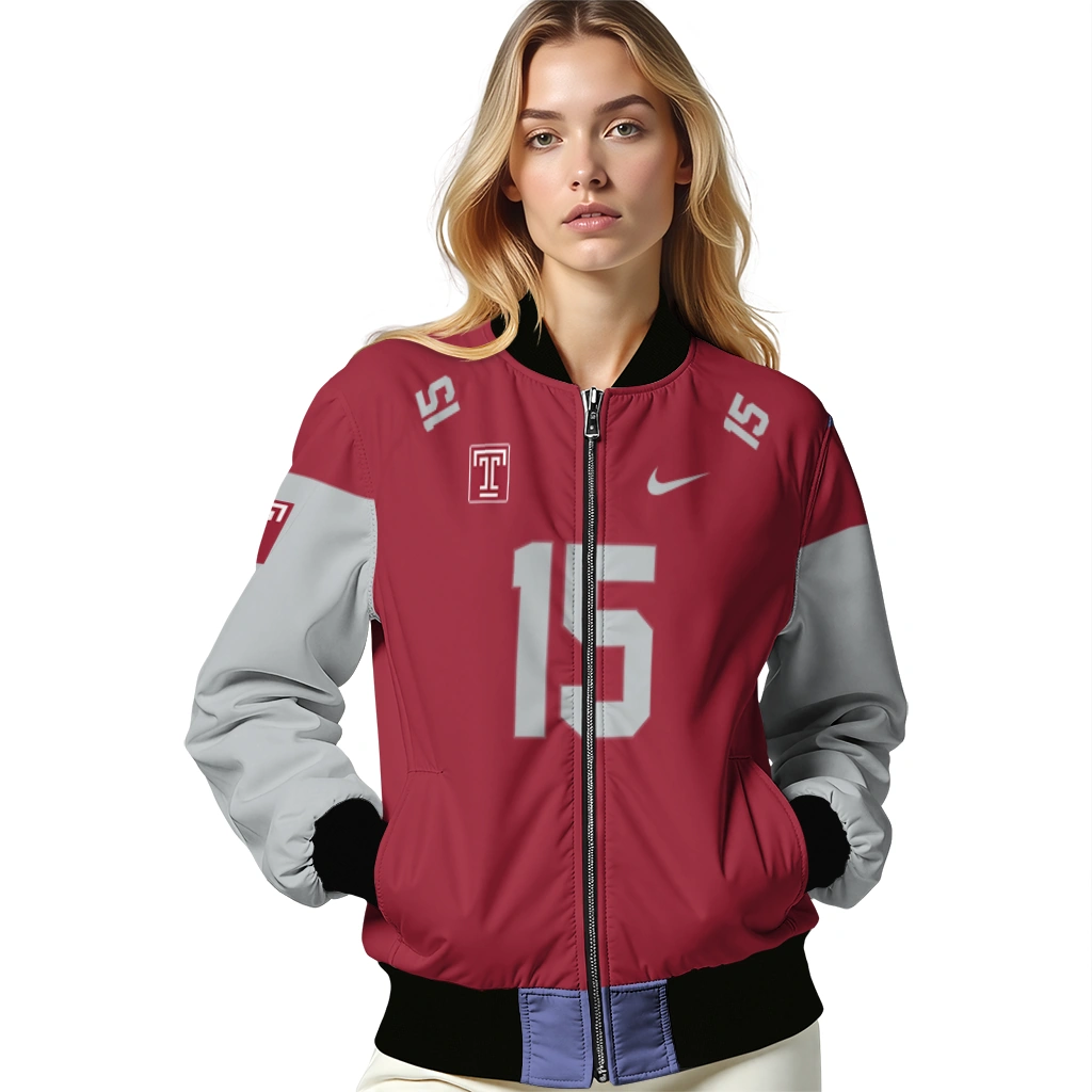 customized temple owls team patch red bomber jacket latest model customized temple owls team patch red bomber jacket latest model