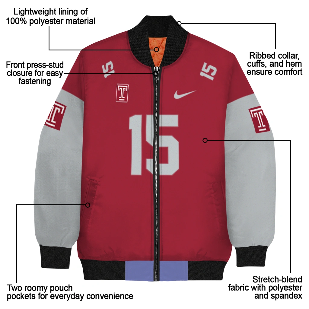 customized temple owls team patch red bomber jacket new arrival customized temple owls team patch red bomber jacket new arrival