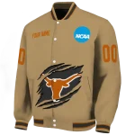customized texas longhorns claw effect beige varsity jacket best selling