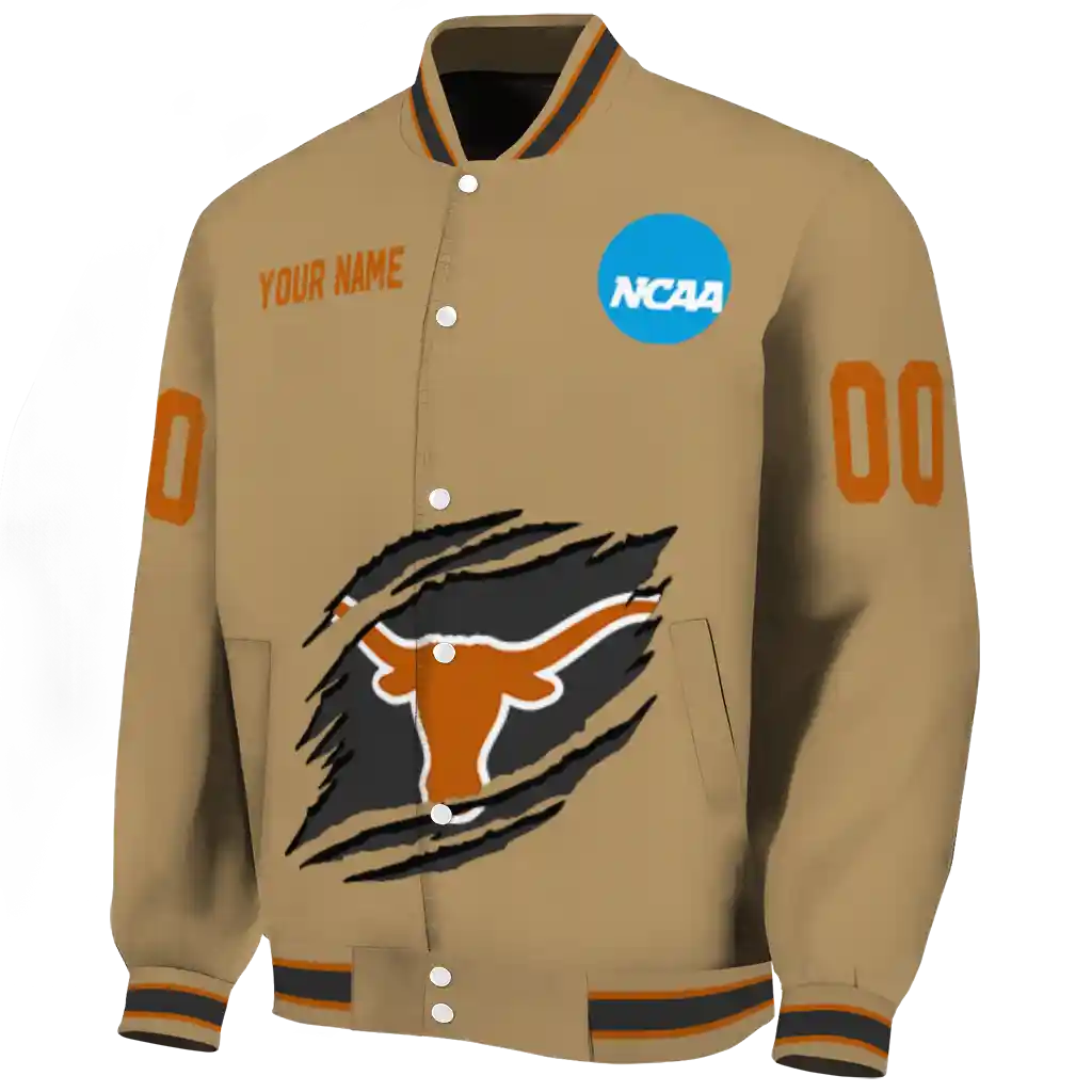 customized texas longhorns claw effect beige varsity jacket best selling customized texas longhorns claw effect beige varsity jacket best selling