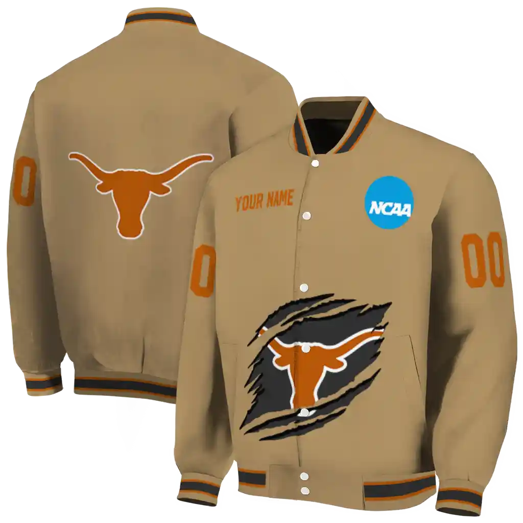customized texas longhorns claw effect beige varsity jacket fashion forward customized texas longhorns claw effect beige varsity jacket fashion forward