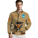 customized texas longhorns claw effect beige varsity jacket best selling