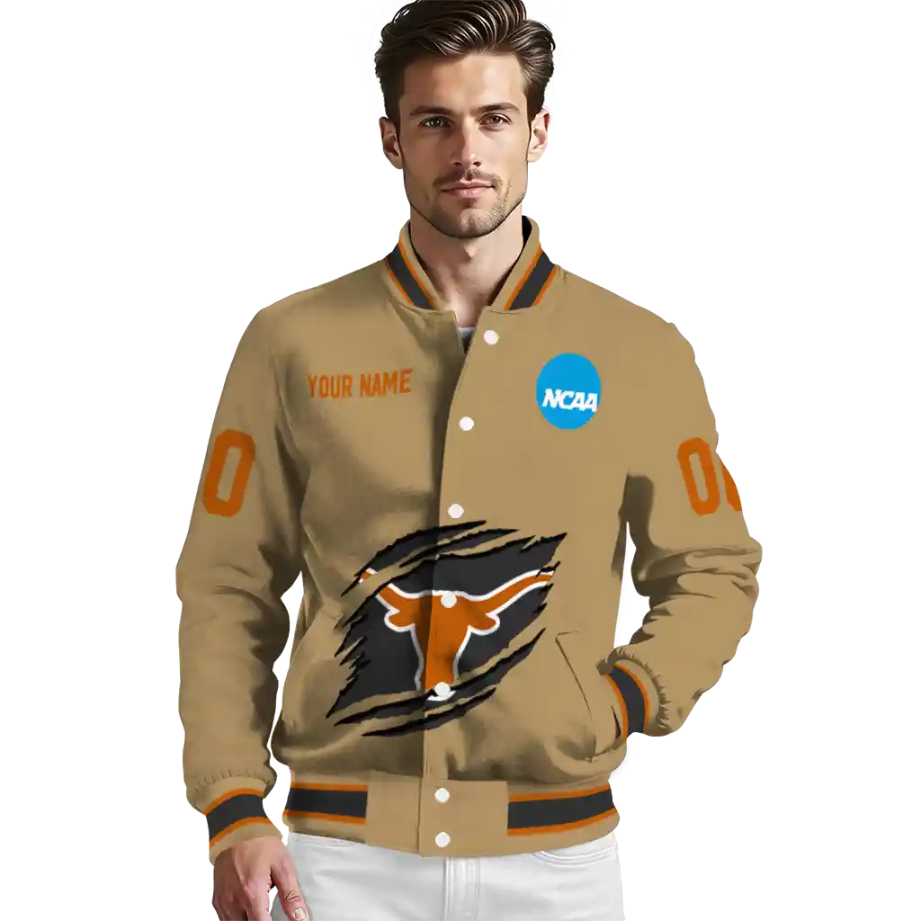customized texas longhorns claw effect beige varsity jacket high quality customized texas longhorns claw effect beige varsity jacket high quality