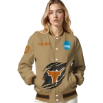 customized texas longhorns claw effect beige varsity jacket best selling
