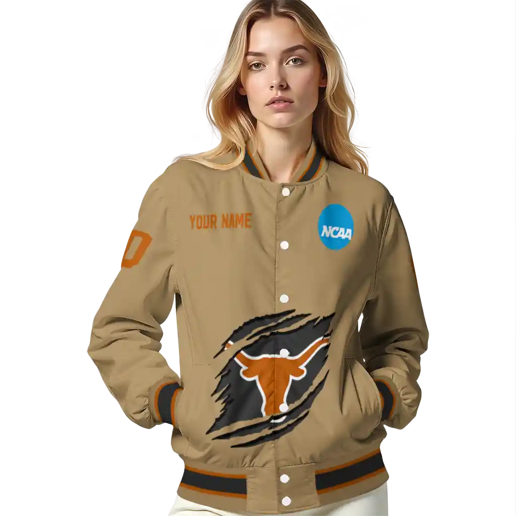 customized texas longhorns claw effect beige varsity jacket latest model customized texas longhorns claw effect beige varsity jacket latest model
