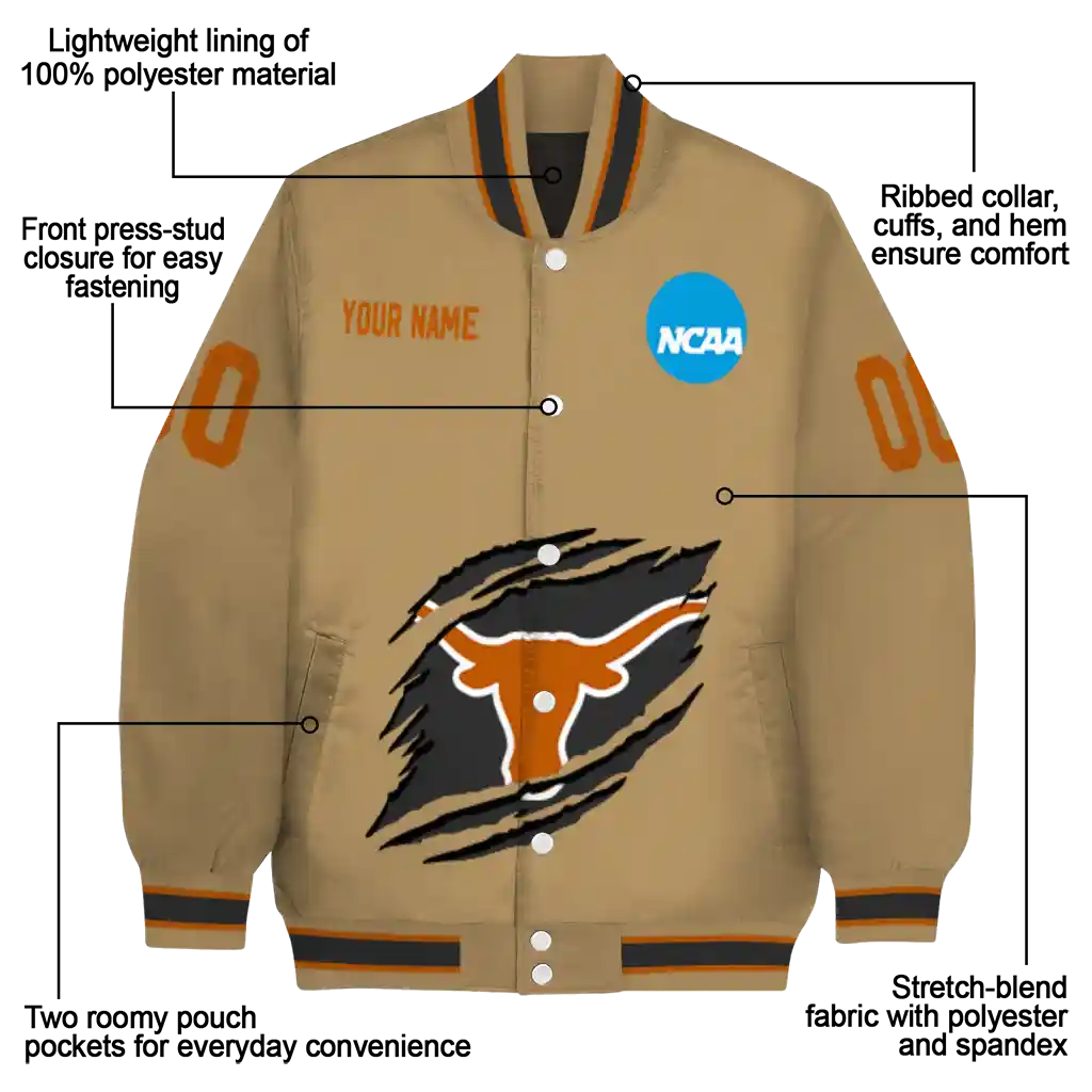 customized texas longhorns claw effect beige varsity jacket new arrival customized texas longhorns claw effect beige varsity jacket new arrival