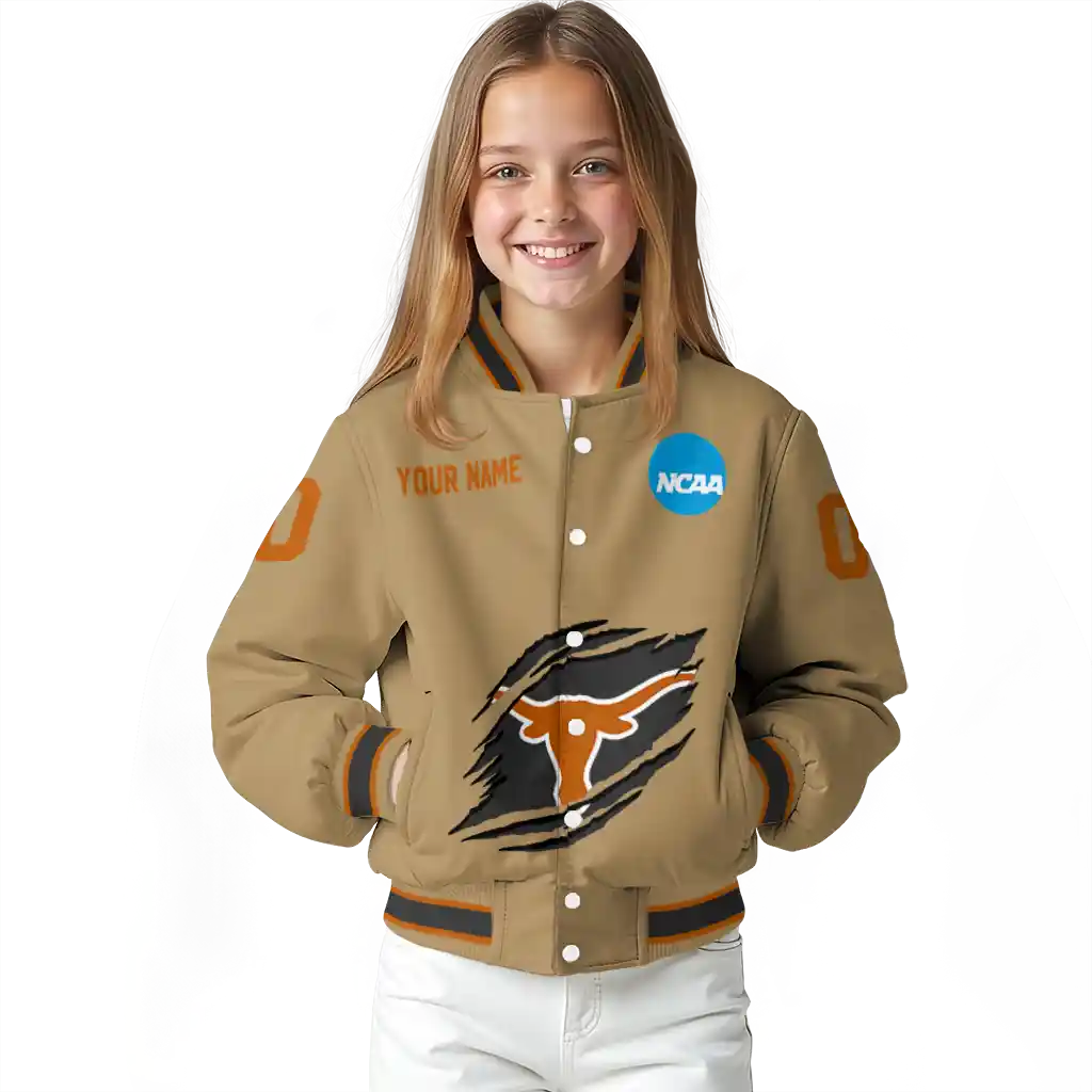 customized texas longhorns claw effect beige varsity jacket top rated customized texas longhorns claw effect beige varsity jacket top rated
