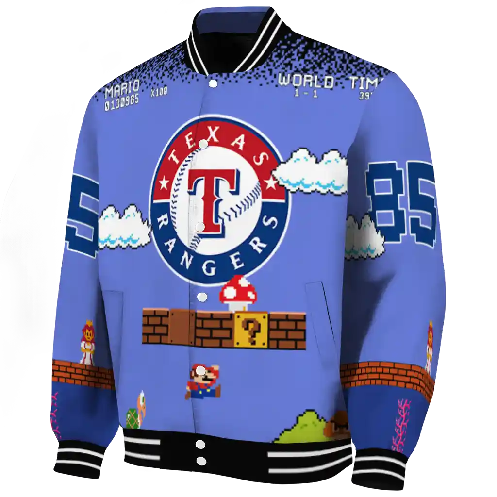 customized texas rangers mario blocks blue black varsity jacket best selling customized texas rangers mario blocks blue black varsity jacket best selling