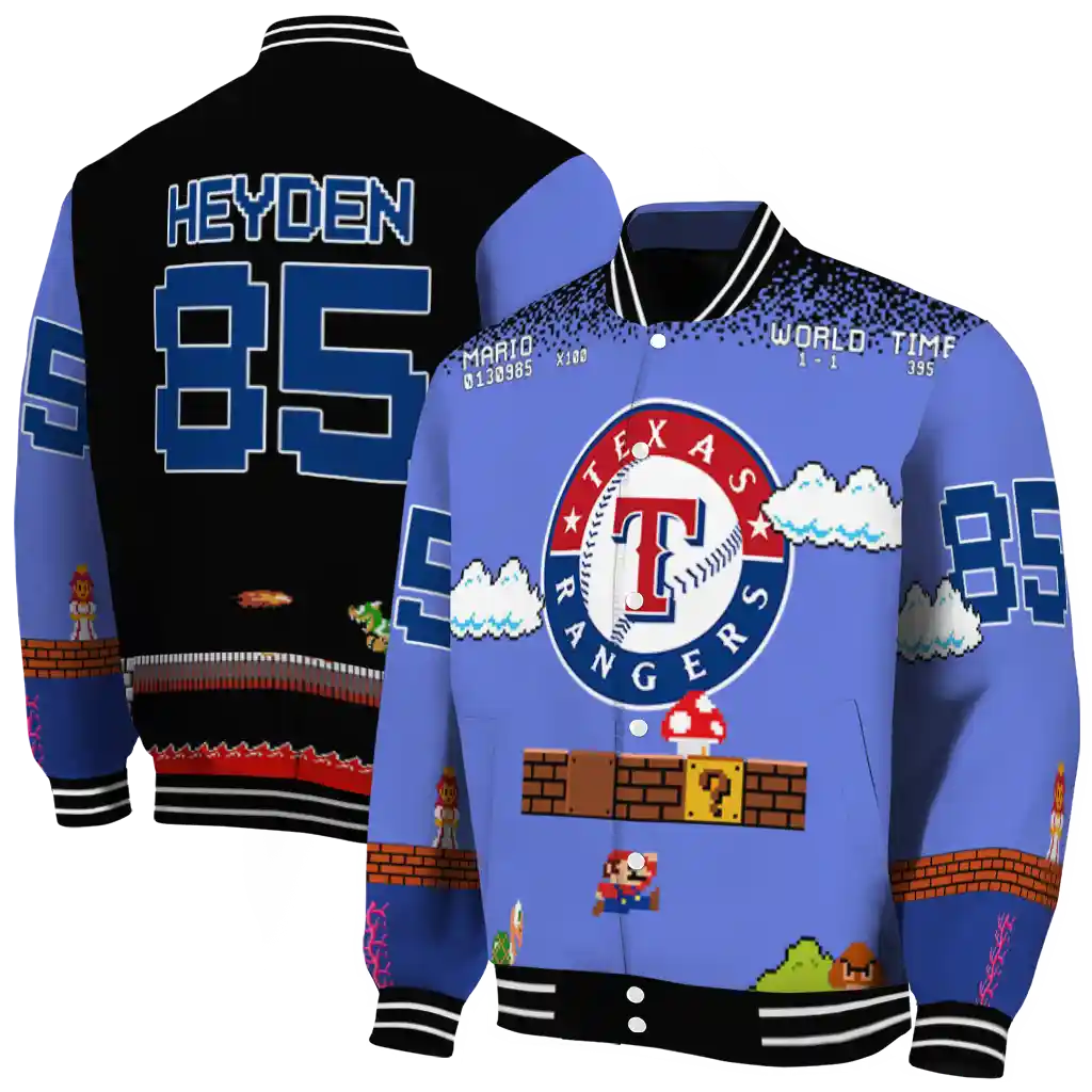 customized texas rangers mario blocks blue black varsity jacket fashion forward customized texas rangers mario blocks blue black varsity jacket fashion forward