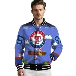 customized texas rangers mario blocks blue black varsity jacket best selling