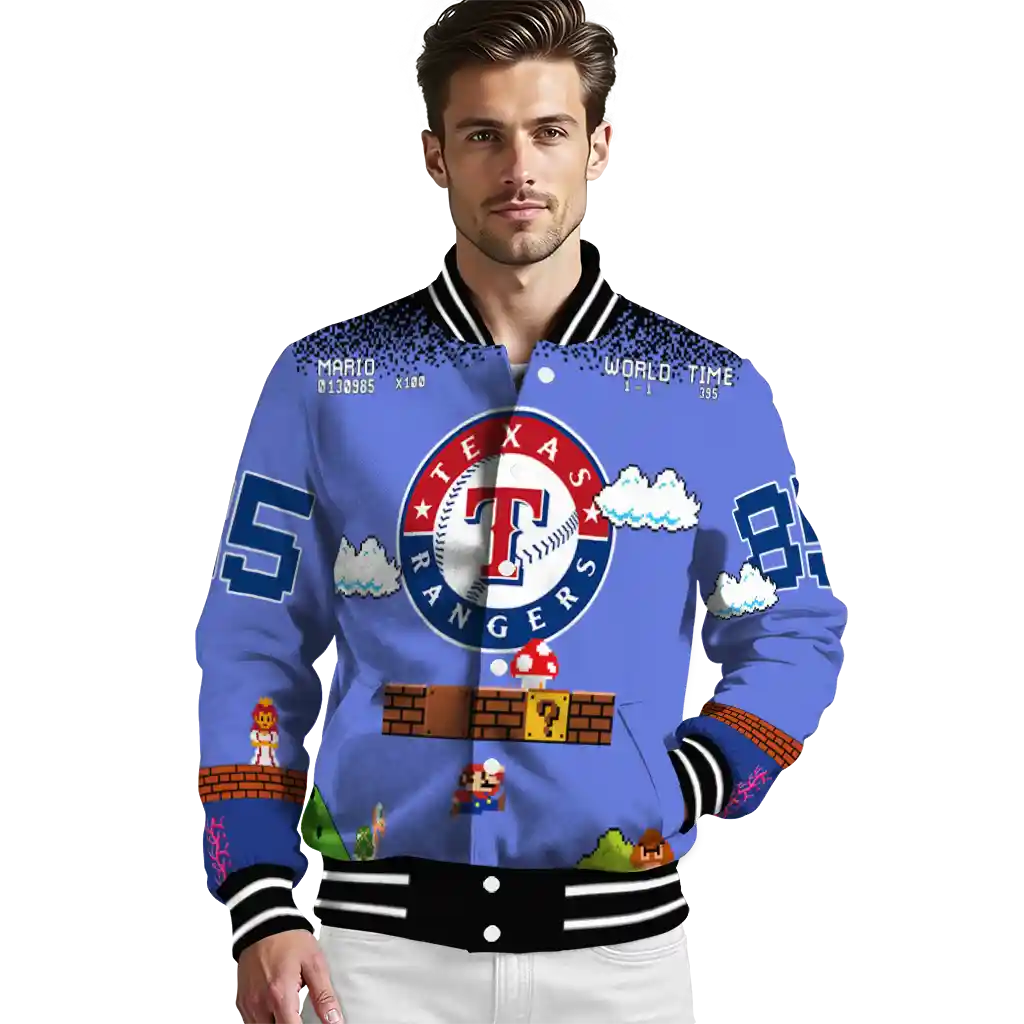 customized texas rangers mario blocks blue black varsity jacket high quality customized texas rangers mario blocks blue black varsity jacket high quality