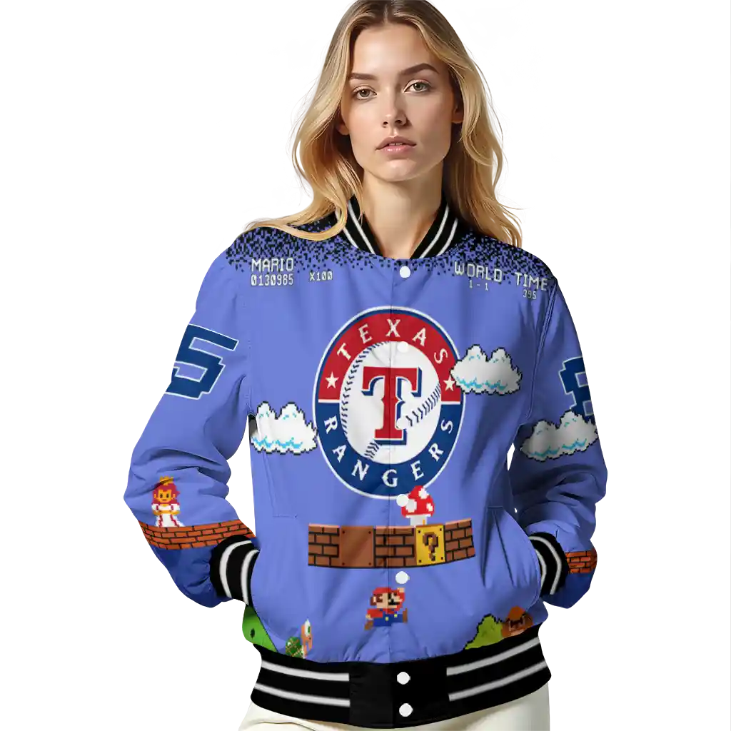 customized texas rangers mario blocks blue black varsity jacket latest model customized texas rangers mario blocks blue black varsity jacket latest model