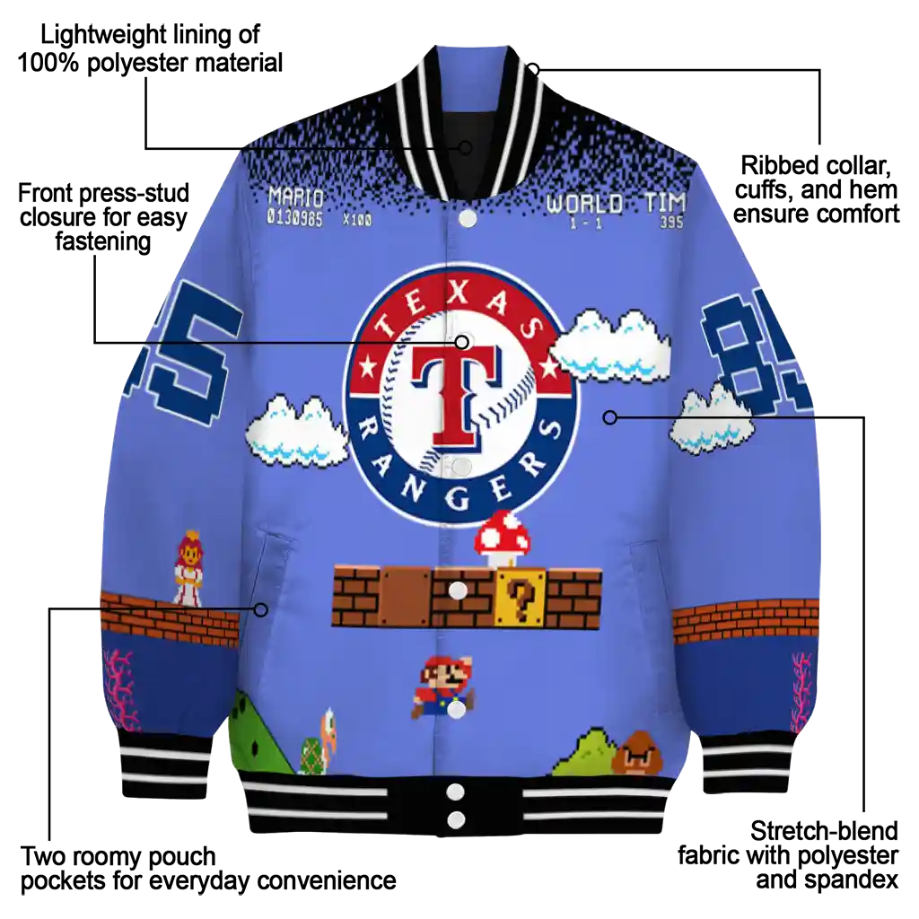 customized texas rangers mario blocks blue black varsity jacket new arrival customized texas rangers mario blocks blue black varsity jacket new arrival