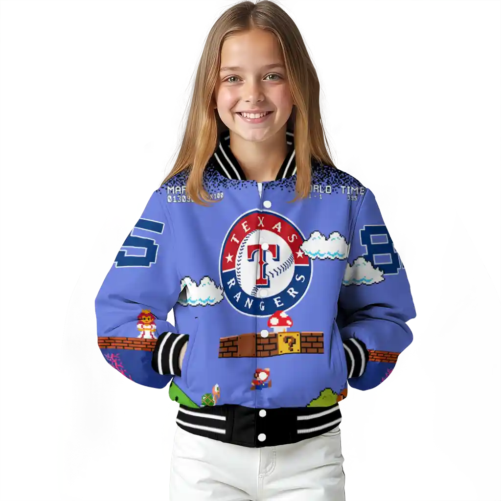 customized texas rangers mario blocks blue black varsity jacket top rated customized texas rangers mario blocks blue black varsity jacket top rated