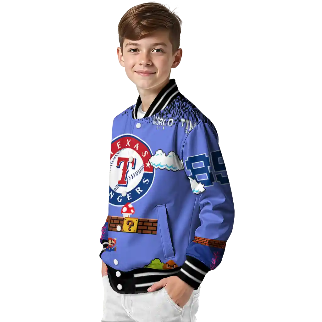 customized texas rangers mario blocks blue black varsity jacket trendy customized texas rangers mario blocks blue black varsity jacket trendy