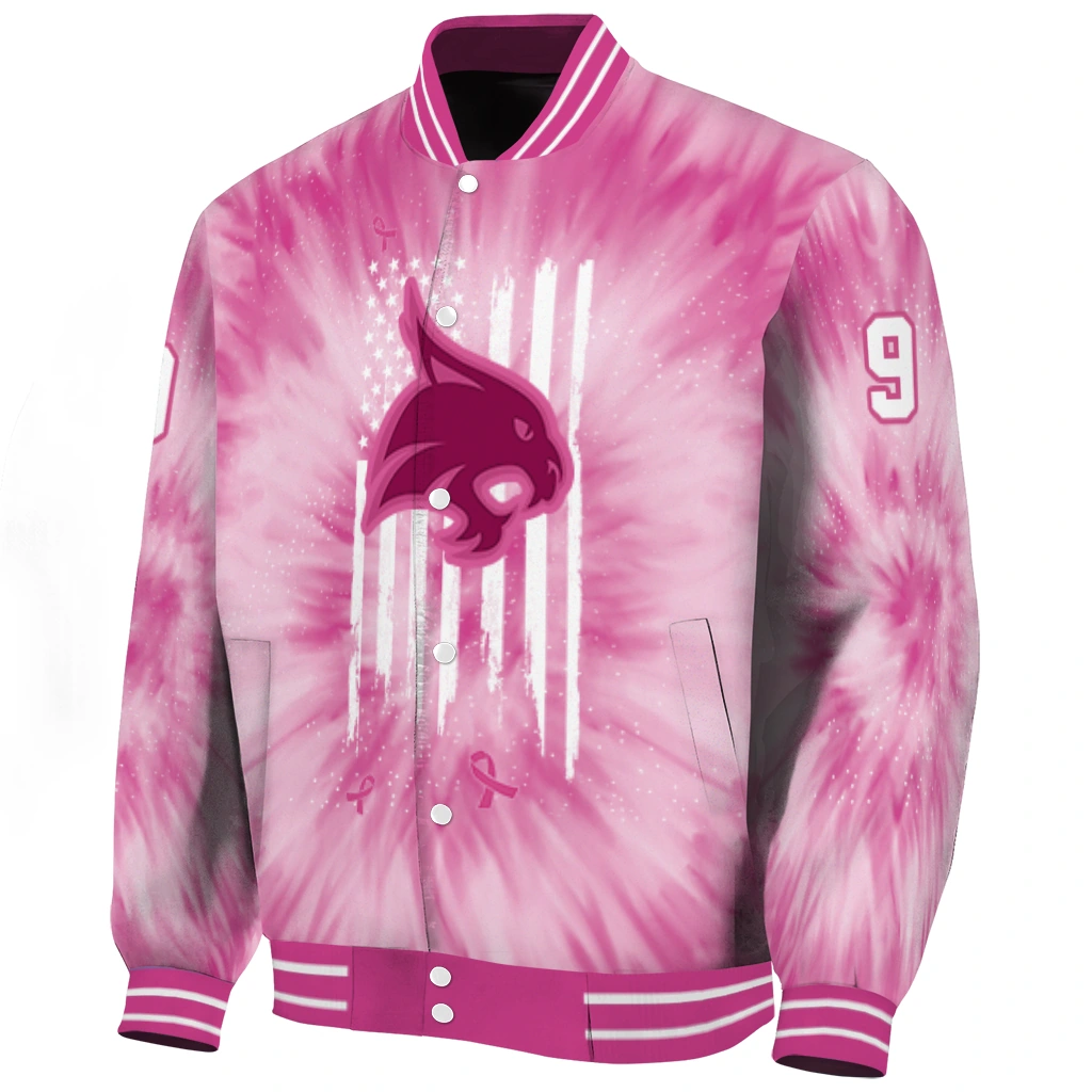 customized texas state bobcats pink tie dye pink varsity jacket best selling customized texas state bobcats pink tie dye pink varsity jacket best selling