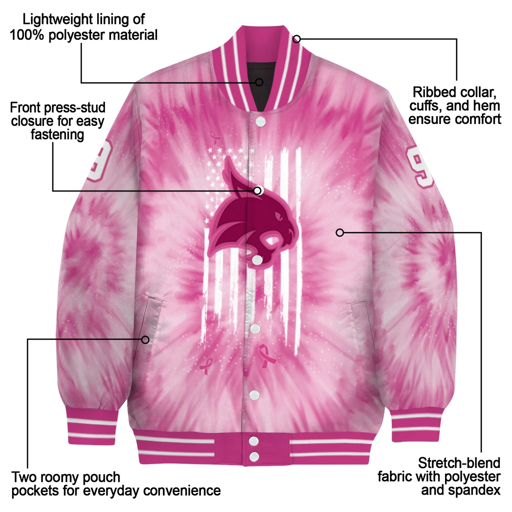 customized texas state bobcats pink tie dye pink varsity jacket new arrival customized texas state bobcats pink tie dye pink varsity jacket new arrival