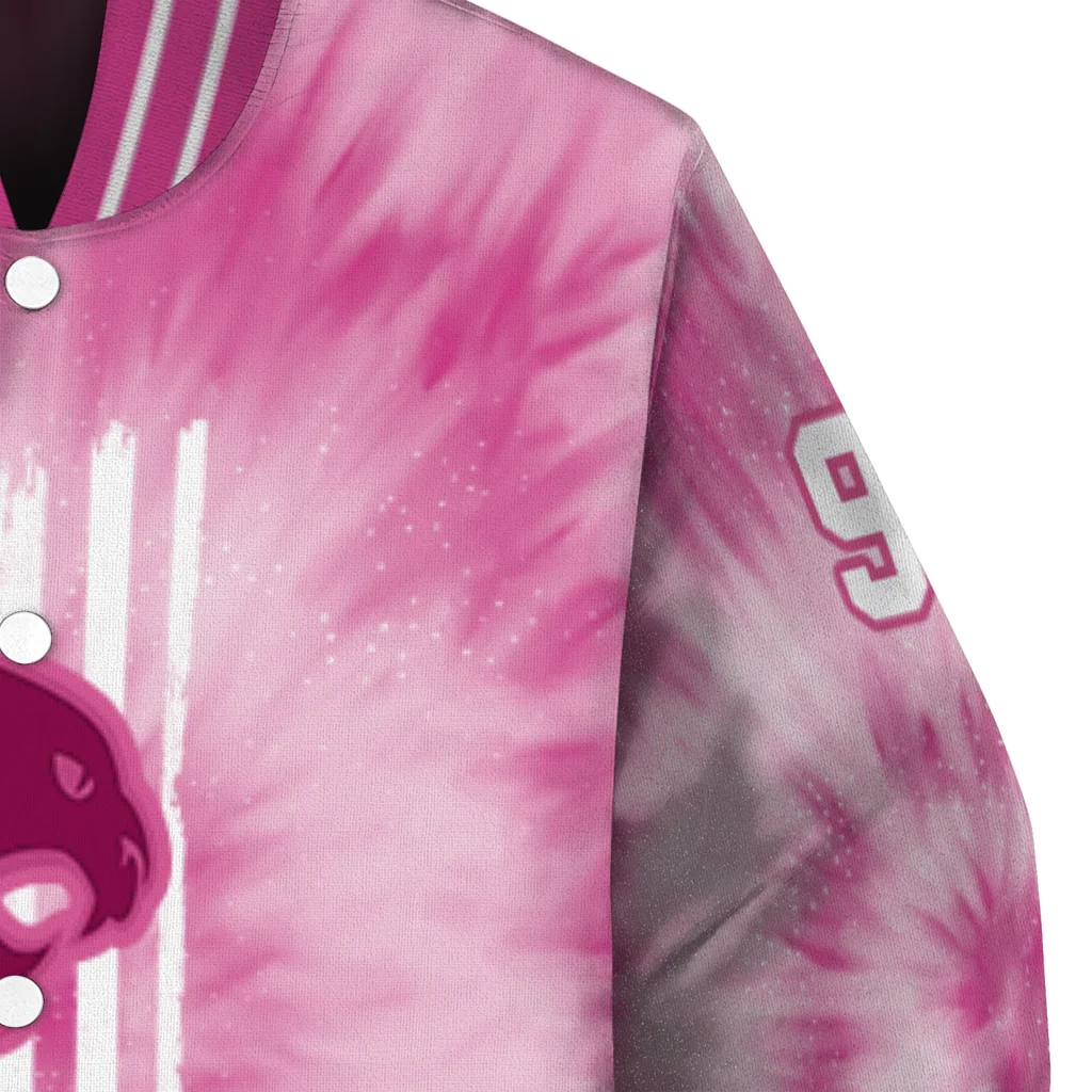 customized texas state bobcats pink tie dye pink varsity jacket premium grade customized texas state bobcats pink tie dye pink varsity jacket premium grade