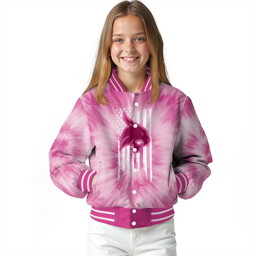 customized texas state bobcats pink tie dye pink varsity jacket top rated customized texas state bobcats pink tie dye pink varsity jacket top rated